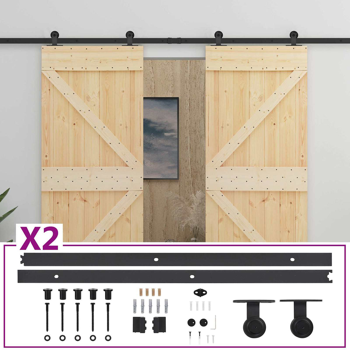 Sliding Door 2 pcs Natural and Black Solid Pine Wood