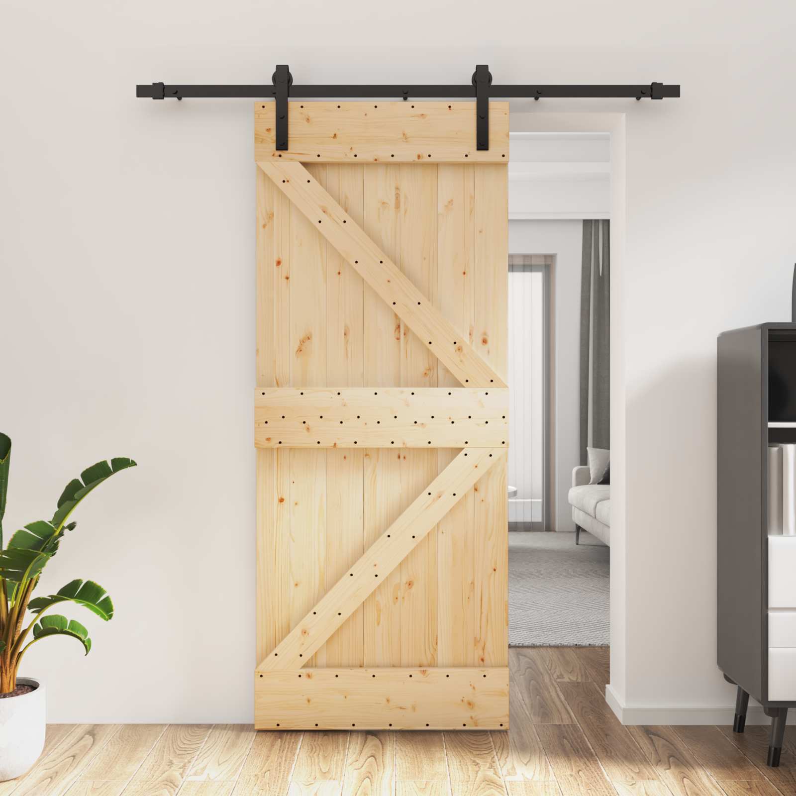 Sliding Door Natural and Black 85 x 210 cm Solid Pine Wood