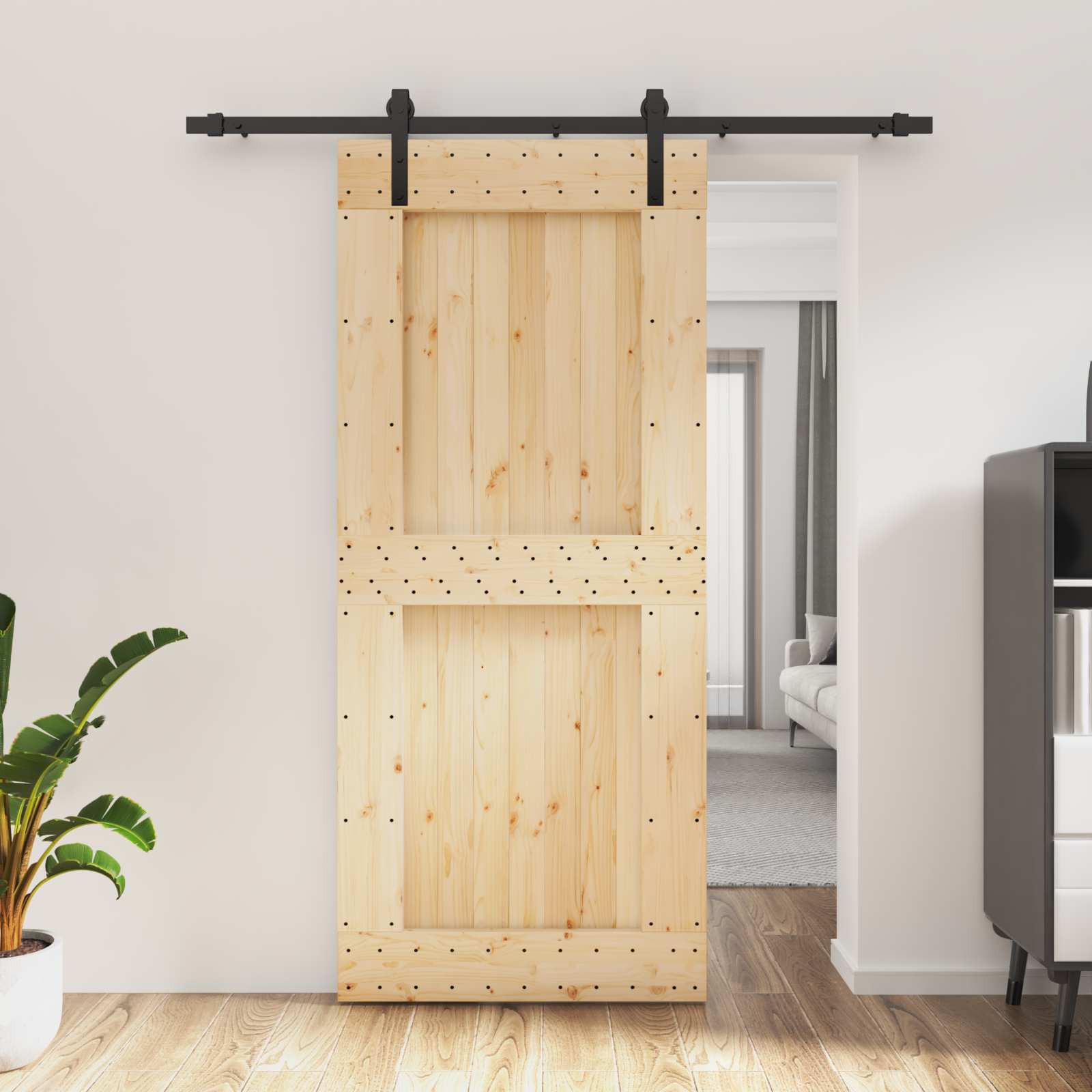 Sliding Door Natural and Black 90 x 210 cm Solid Pine Wood