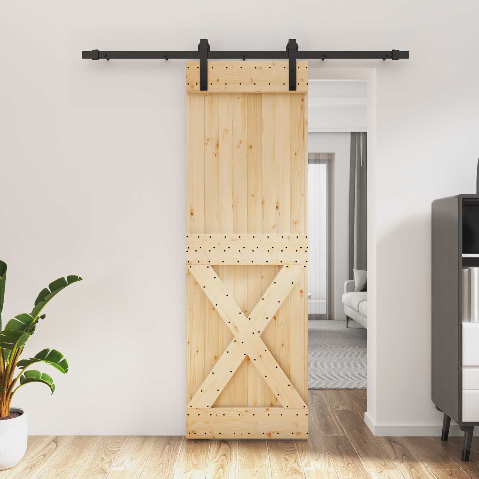 Sliding Door Natural and Black 70 x 210 cm Solid Pine Wood