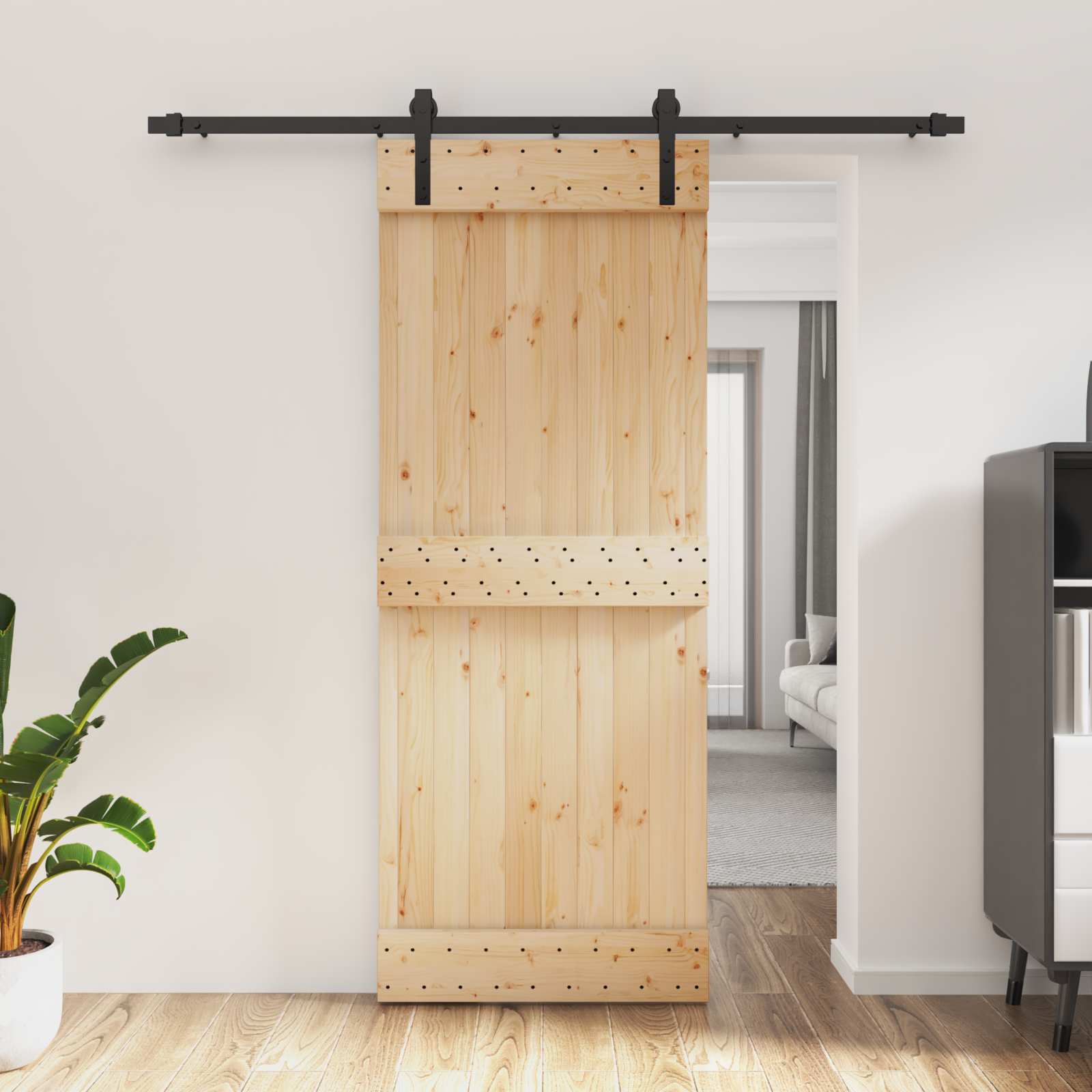 Sliding Door Natural and Black 80 x 210 cm Solid Pine Wood