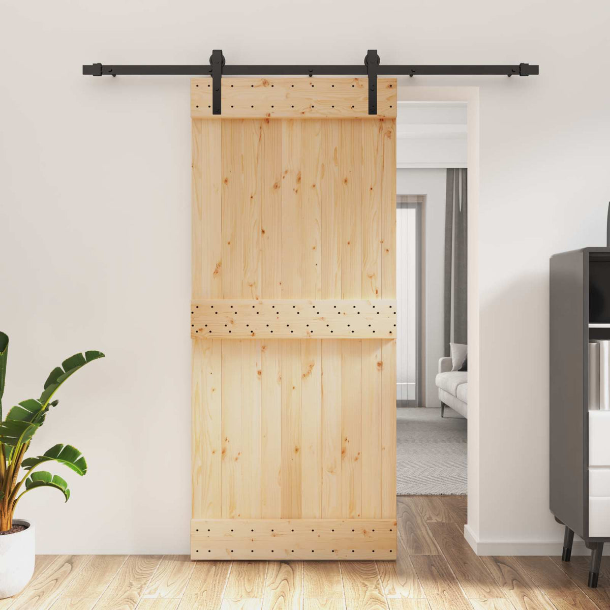 Sliding Door Natural and Black 90 x 210 cm Solid Pine Wood