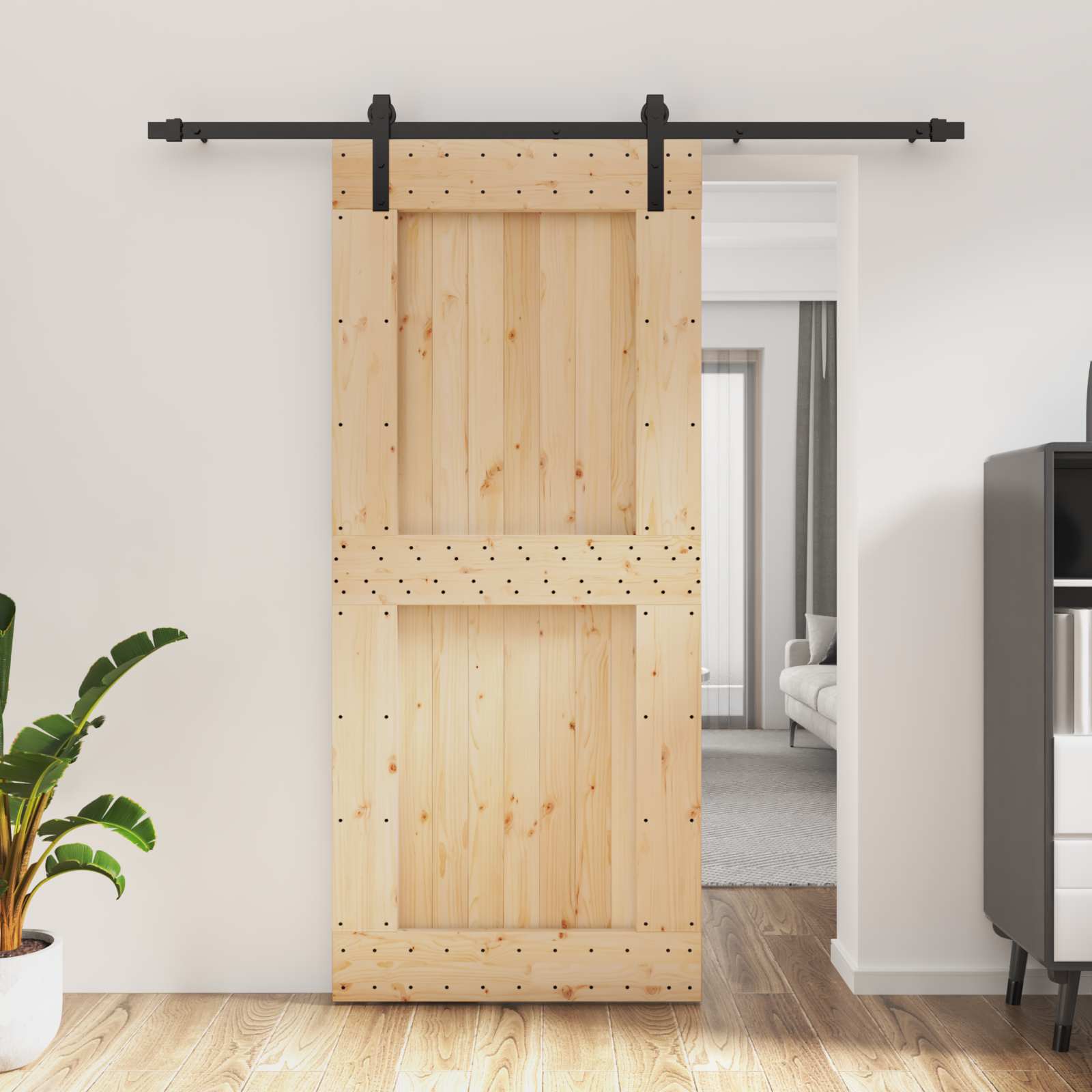 Sliding Door Natural and Black 90 x 210 cm Solid Pine Wood