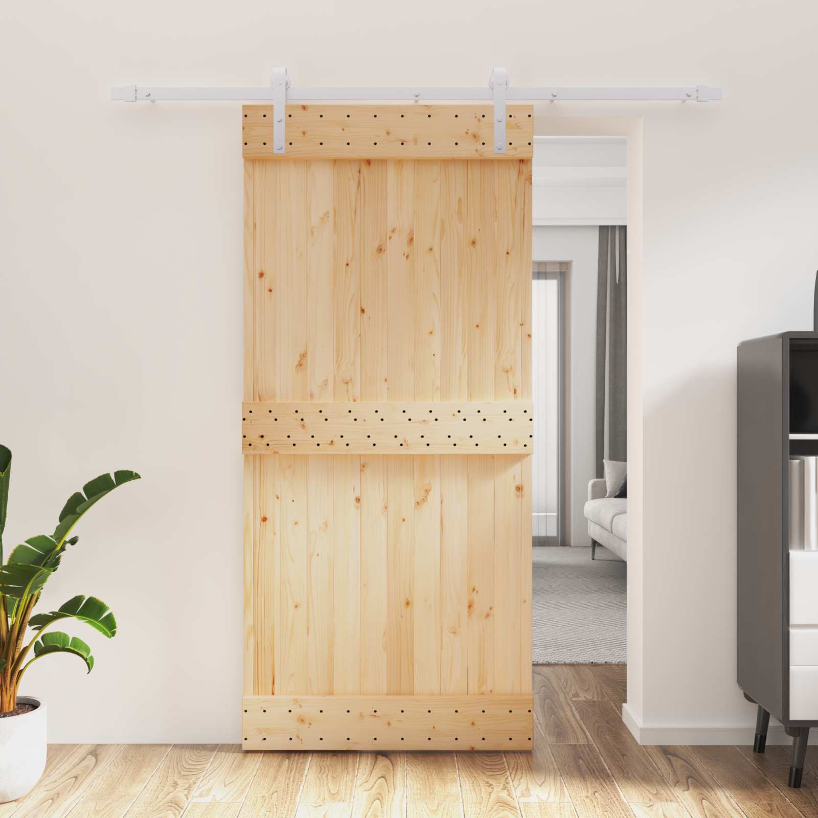 Sliding Door Natural and White 95 x 210 cm Solid Pine Wood