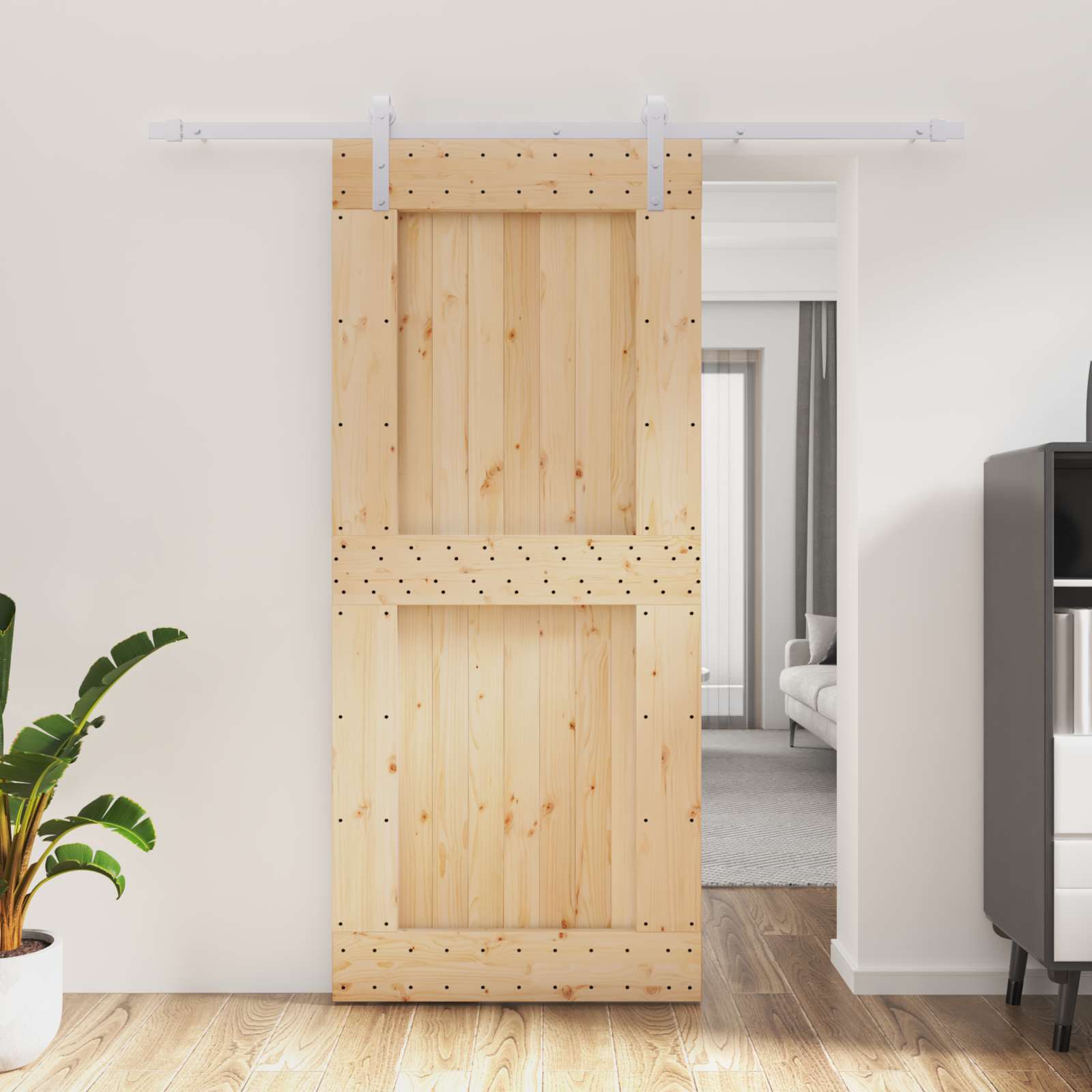 Sliding Door Natural and White 90 x 210 cm Solid Pine Wood
