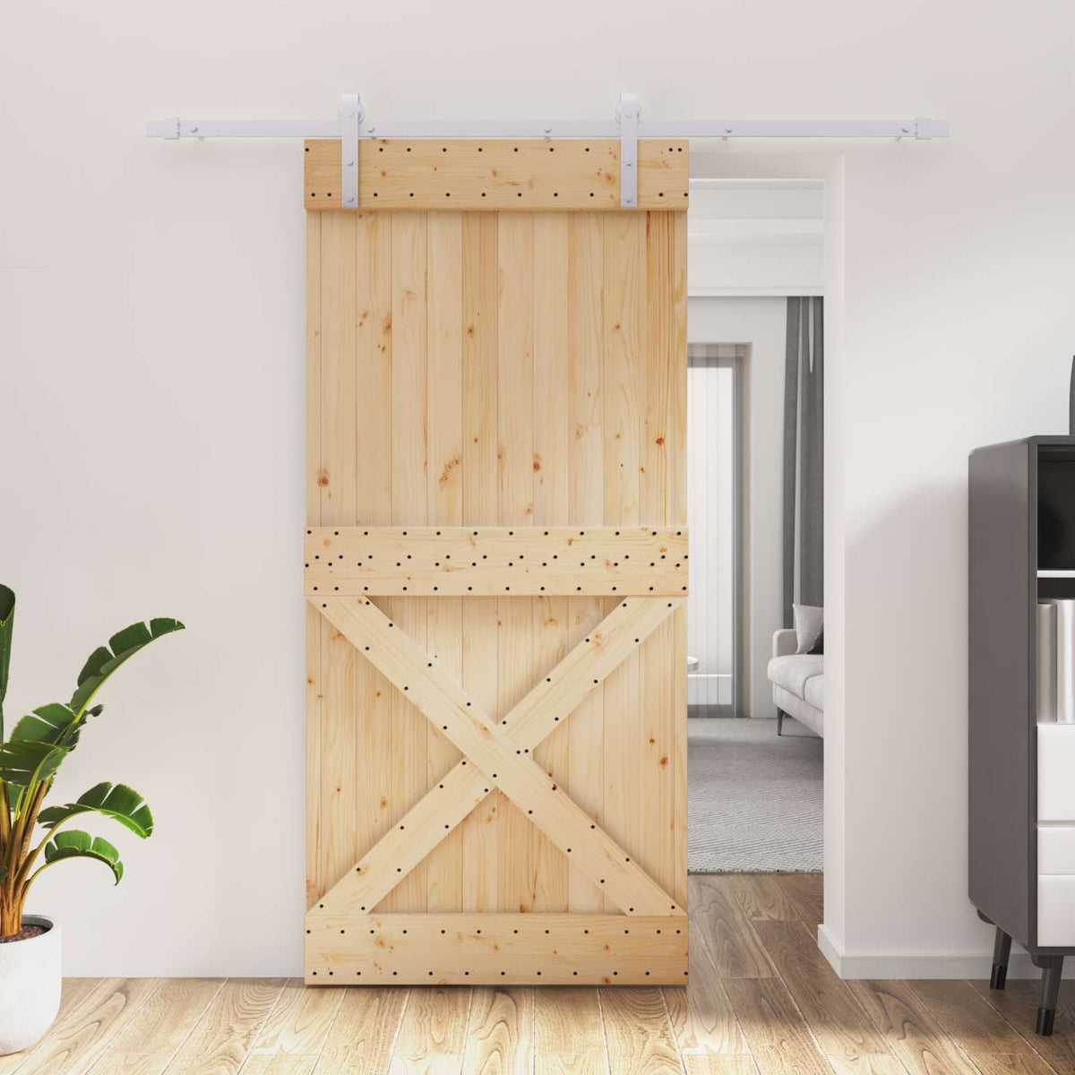 Sliding Door Natural and White 95 x 210 cm Solid Pine Wood