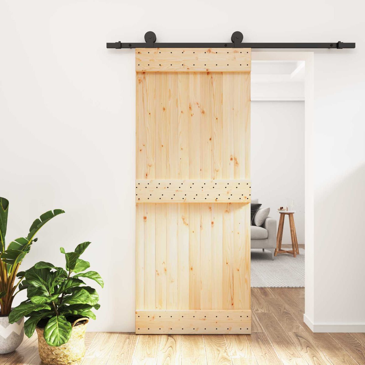 Sliding Door Natural and Black 85 x 210 cm Solid Pine Wood