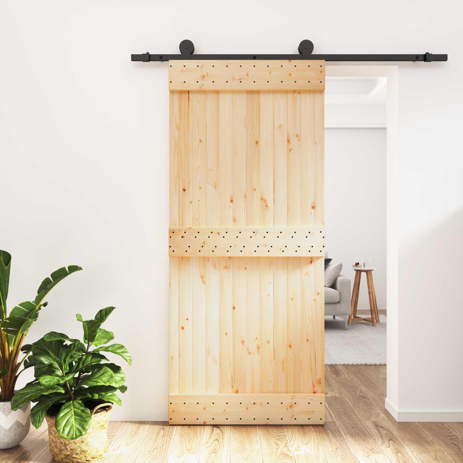 Sliding Door Natural and Black 90 x 210 cm Solid Pine Wood