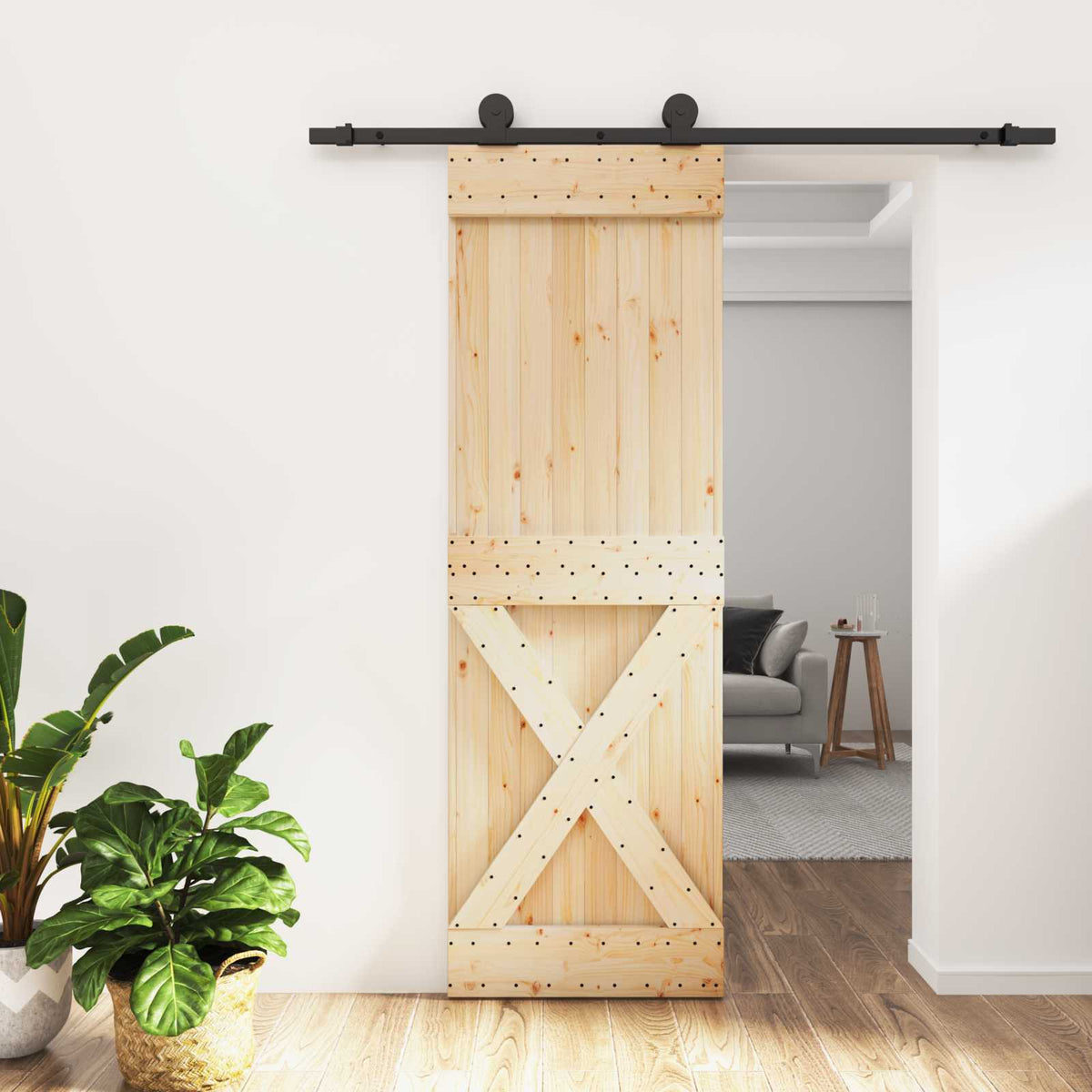 Sliding Door Natural and Black 70 x 210 cm Solid Pine Wood