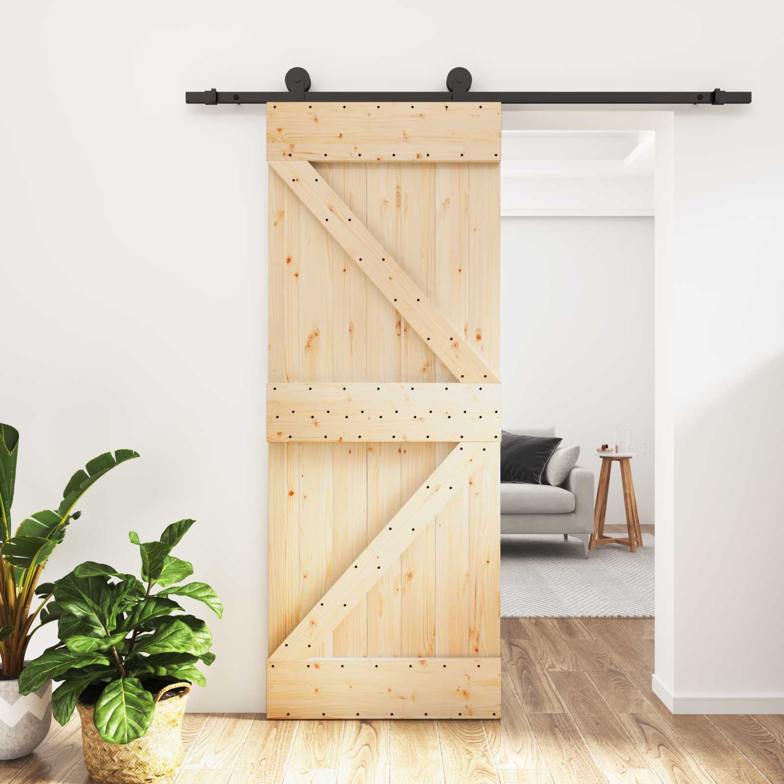 Sliding Door Natural and Black 70 x 210 cm Solid Pine Wood