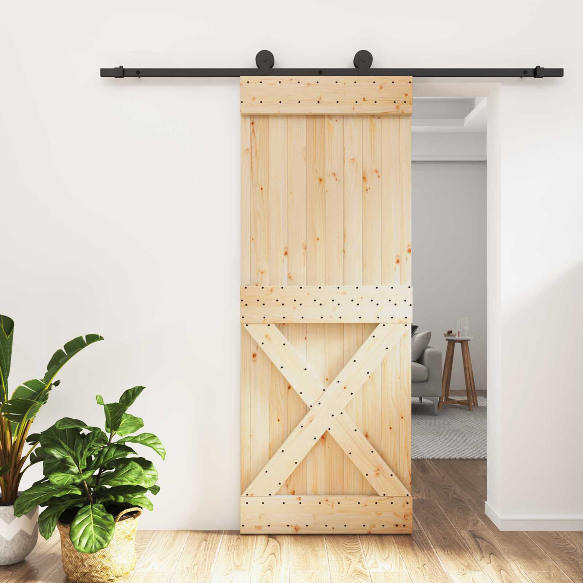 Sliding Door Natural and Black 80 x 210 cm Solid Pine Wood