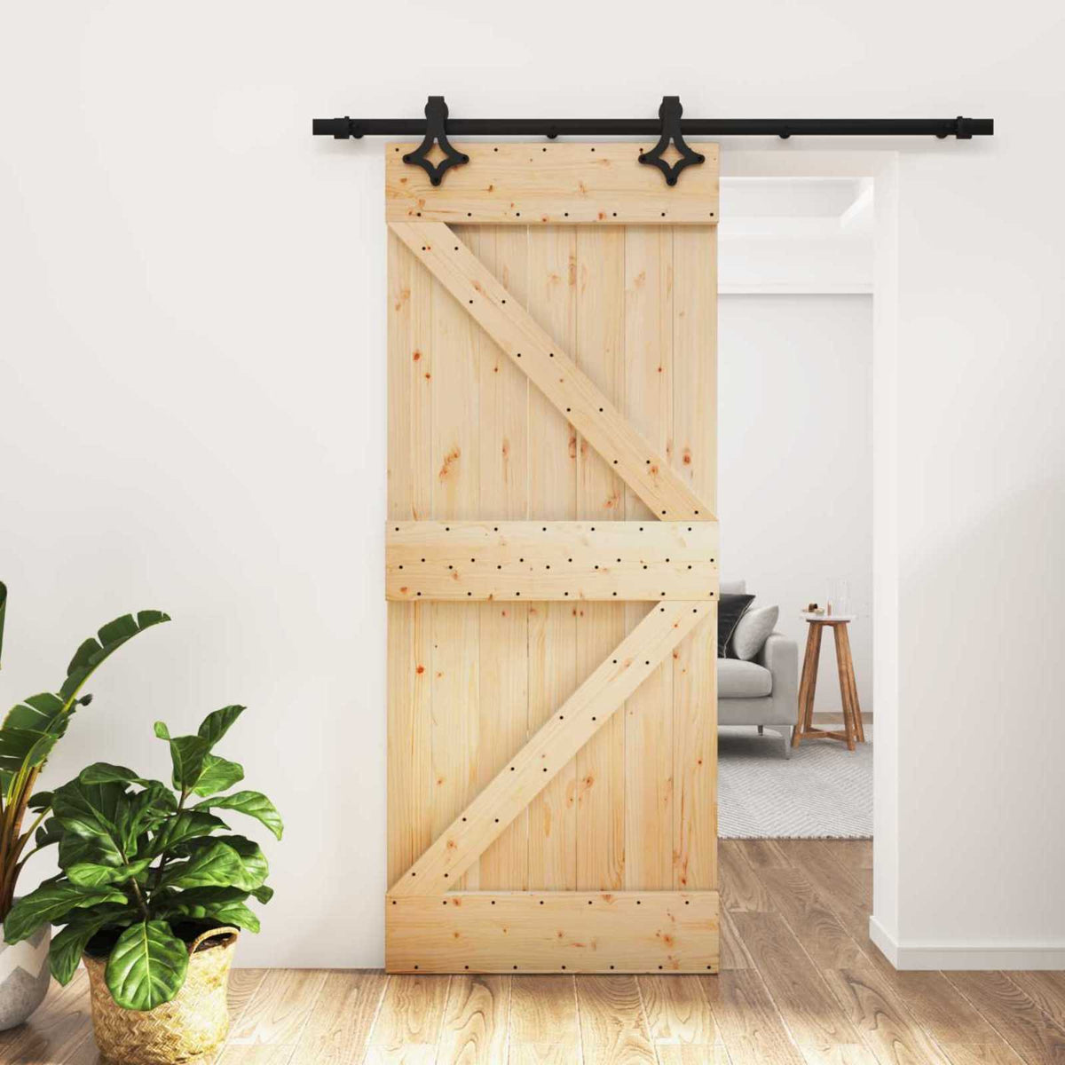 Sliding Door Natural and Black 85 x 210 cm Solid Pine Wood