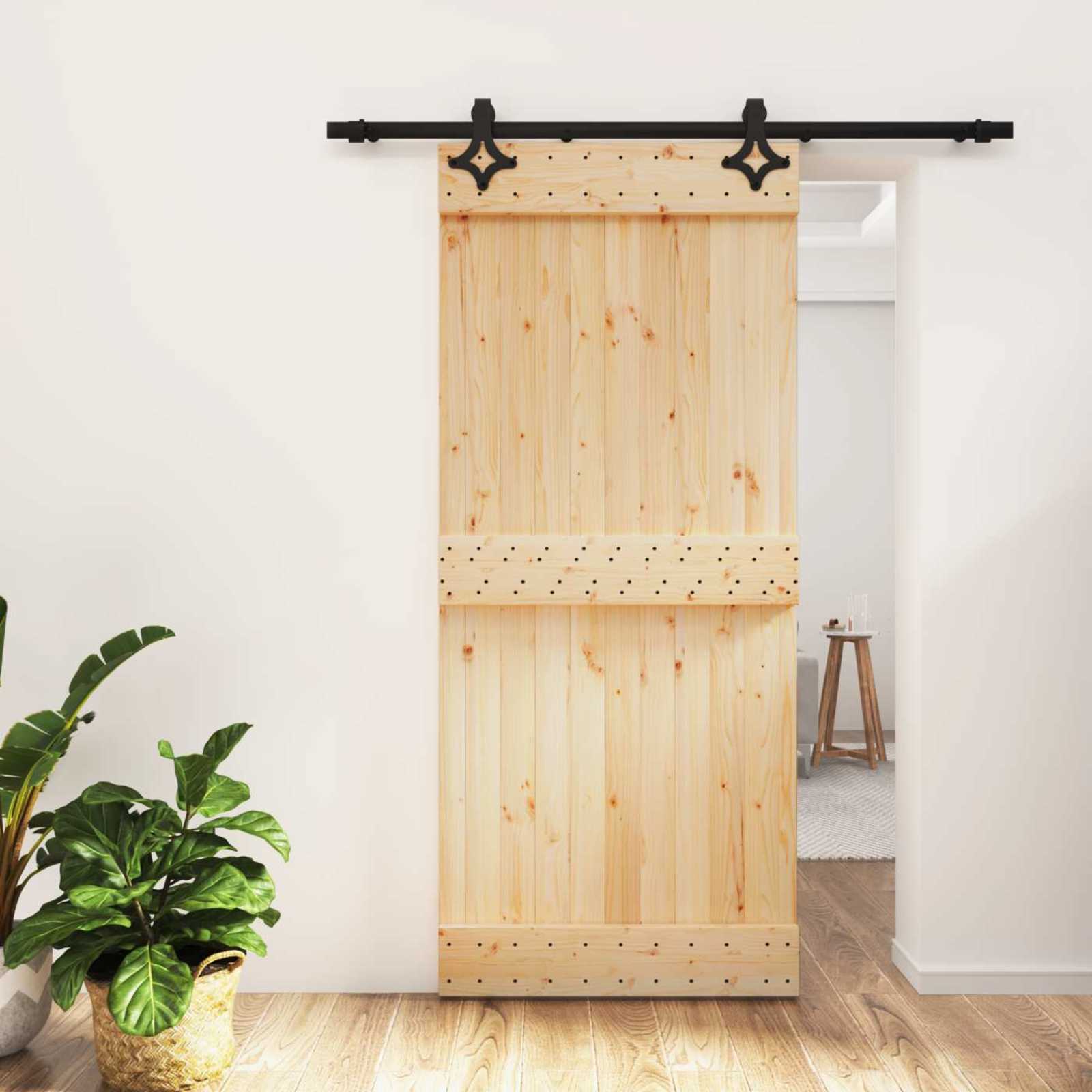 Sliding Door Natural and Black 90 x 210 cm Solid Pine Wood