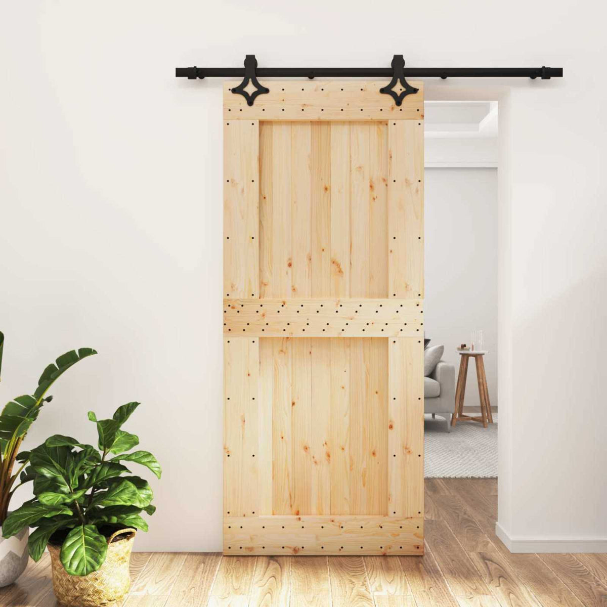Sliding Door Natural and Black Solid Pine Wood (Untreated)