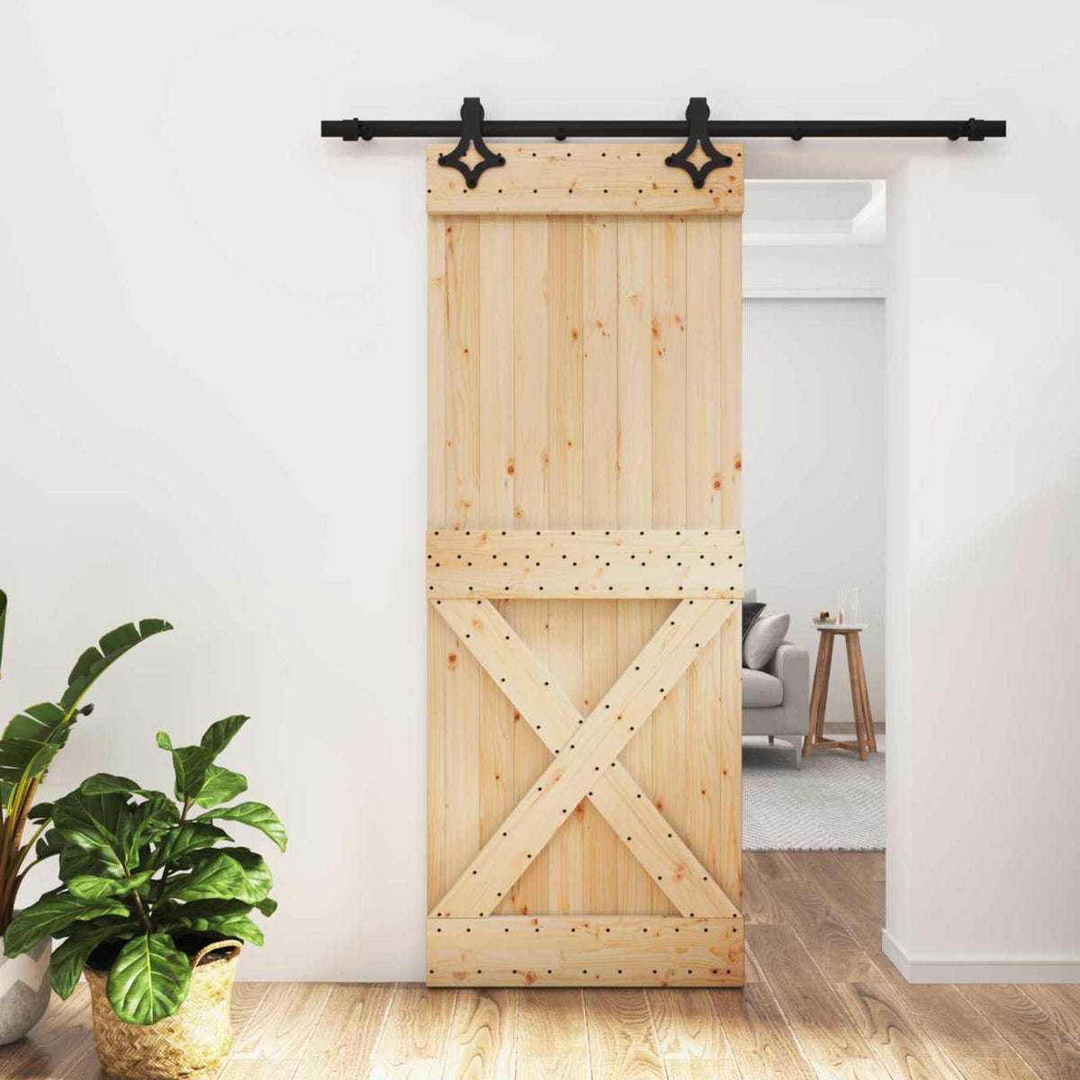 Sliding Door Natural and Black 80 x 210 cm Solid Pine Wood