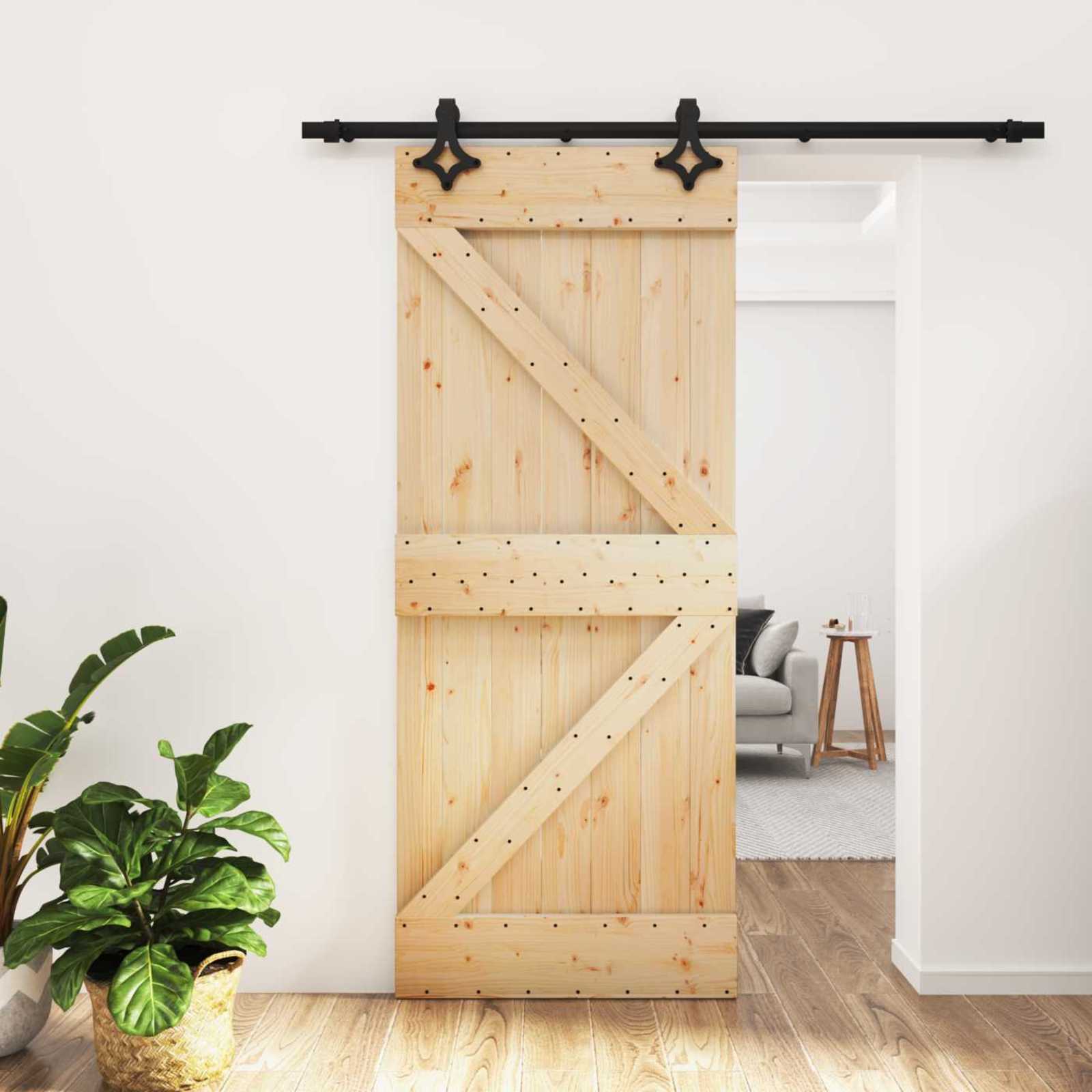 Sliding Door Natural and Black 85 x 210 cm Solid Pine Wood