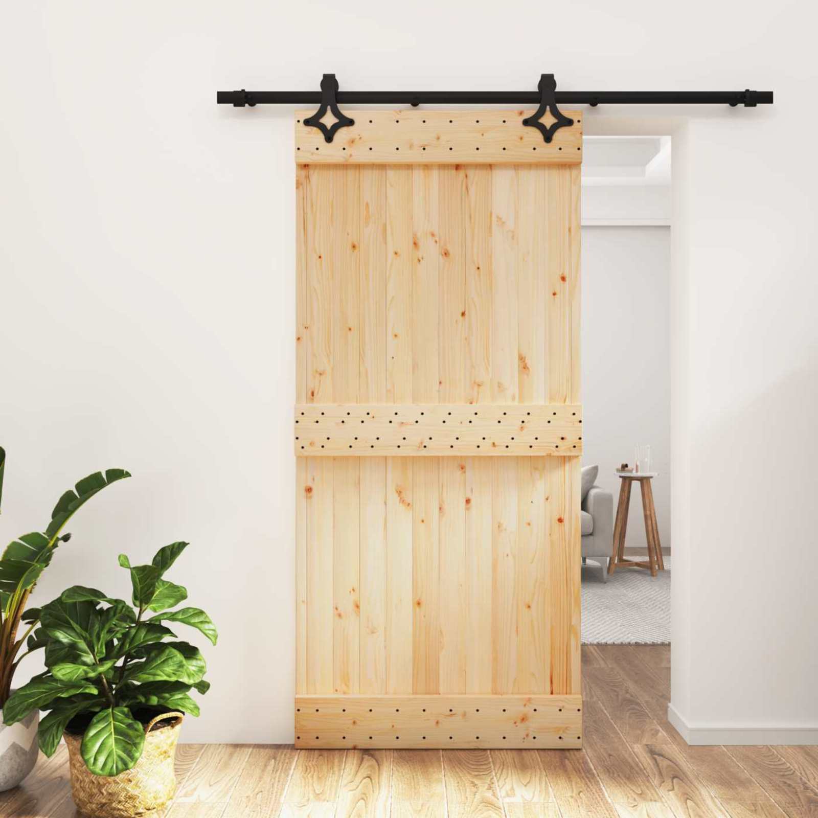 Sliding Door Natural and Black 95 x 210 cm Solid Pine Wood