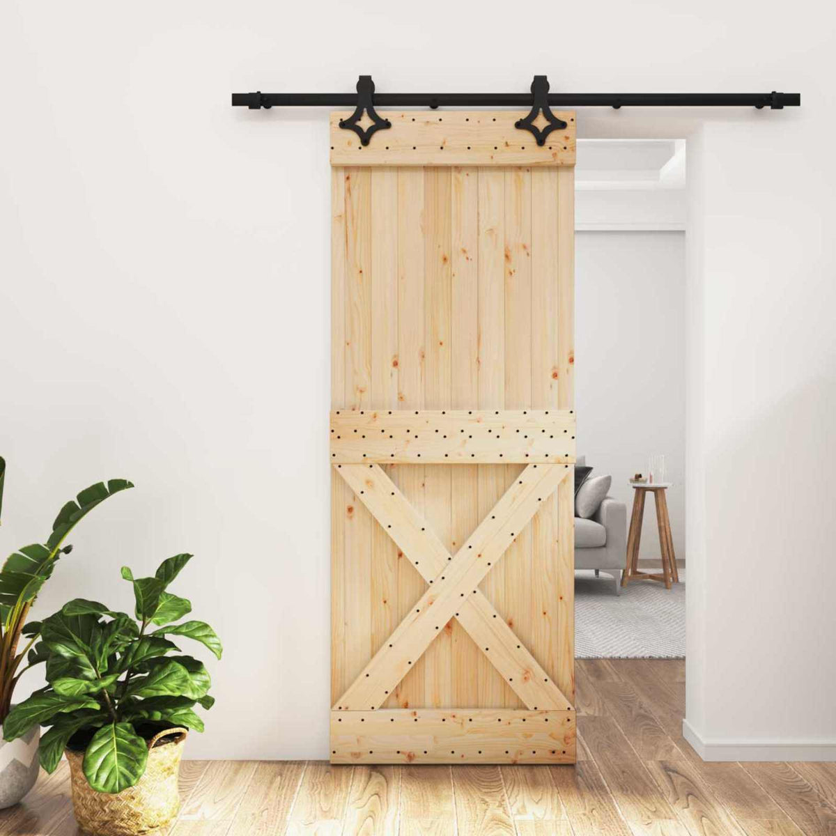 Sliding Door Natural and Black 80 x 210 cm Solid Pine Wood