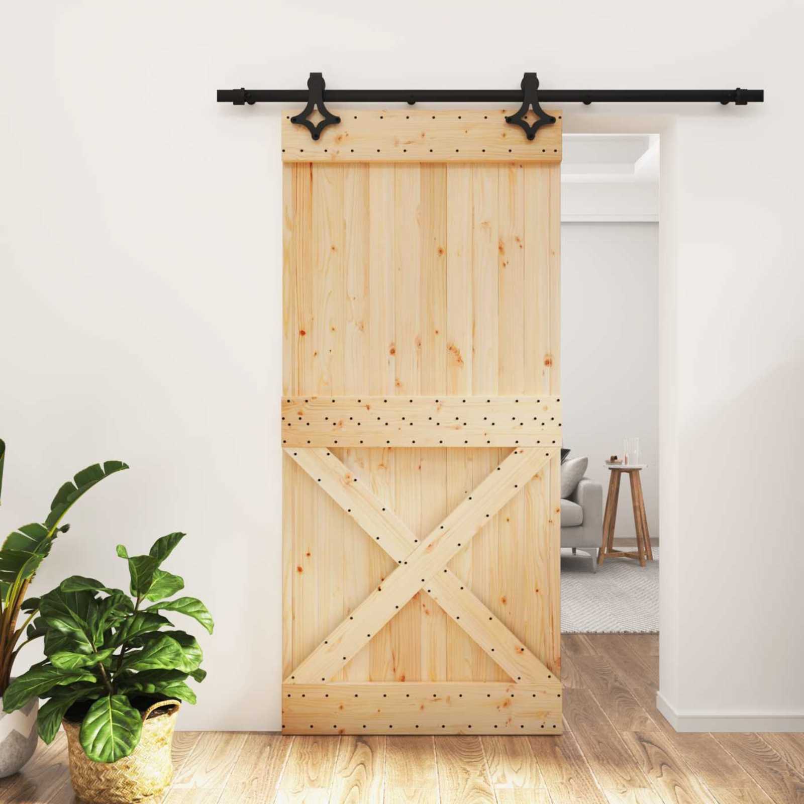 Sliding Door Natural and Black 95 x 210 cm Solid Pine Wood