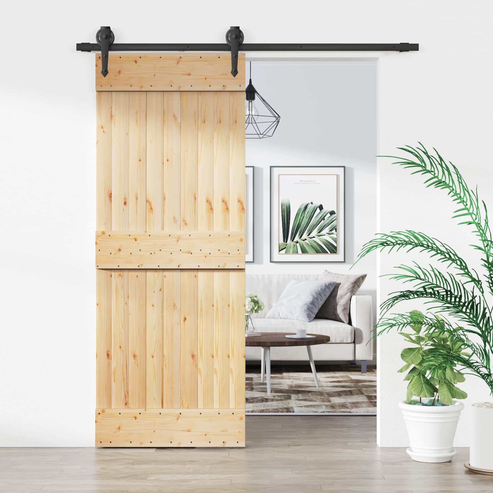 Sliding Door Natural and Black 80 x 210 cm Solid Pine Wood