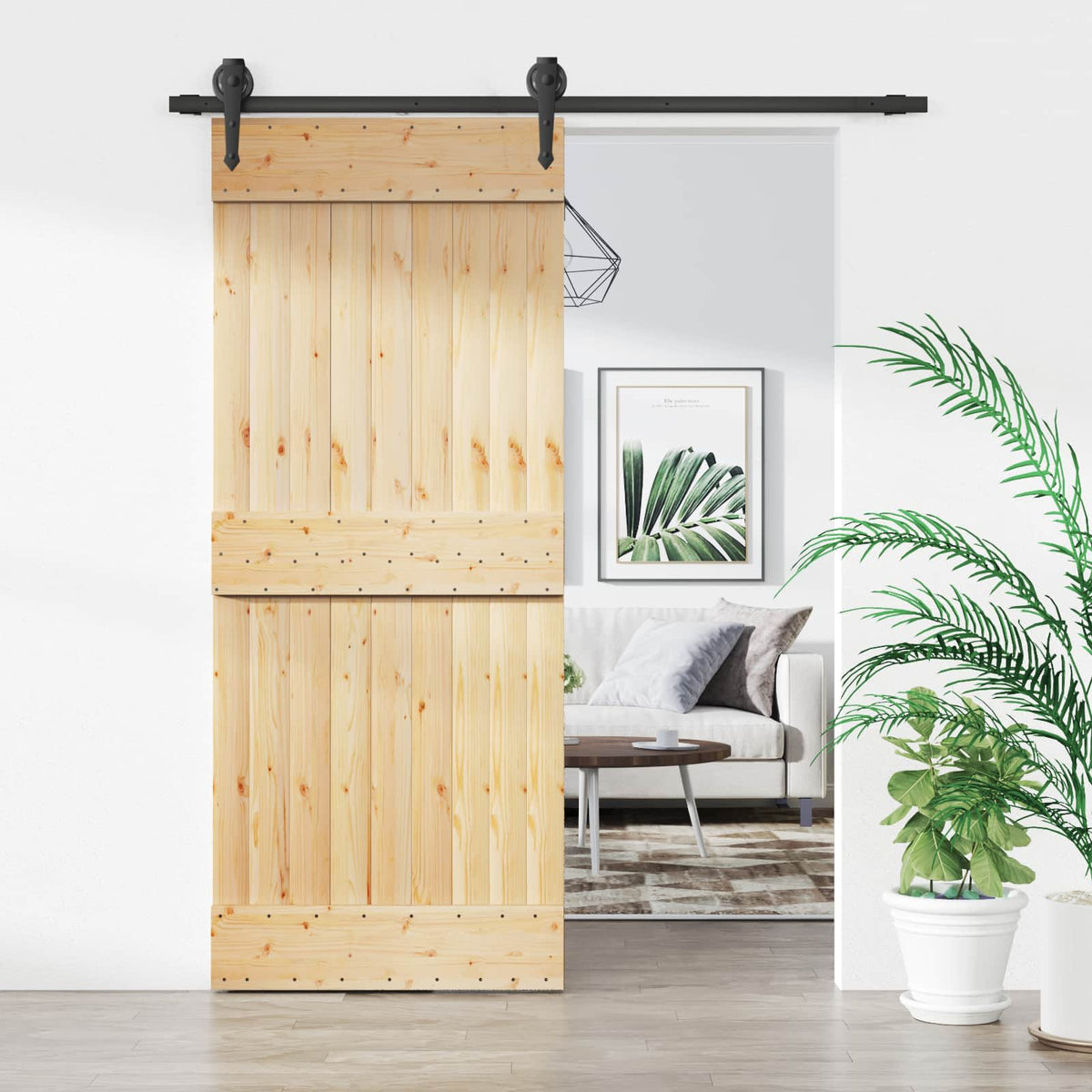 Sliding Door Natural and Black 85 x 210 cm Solid Pine Wood