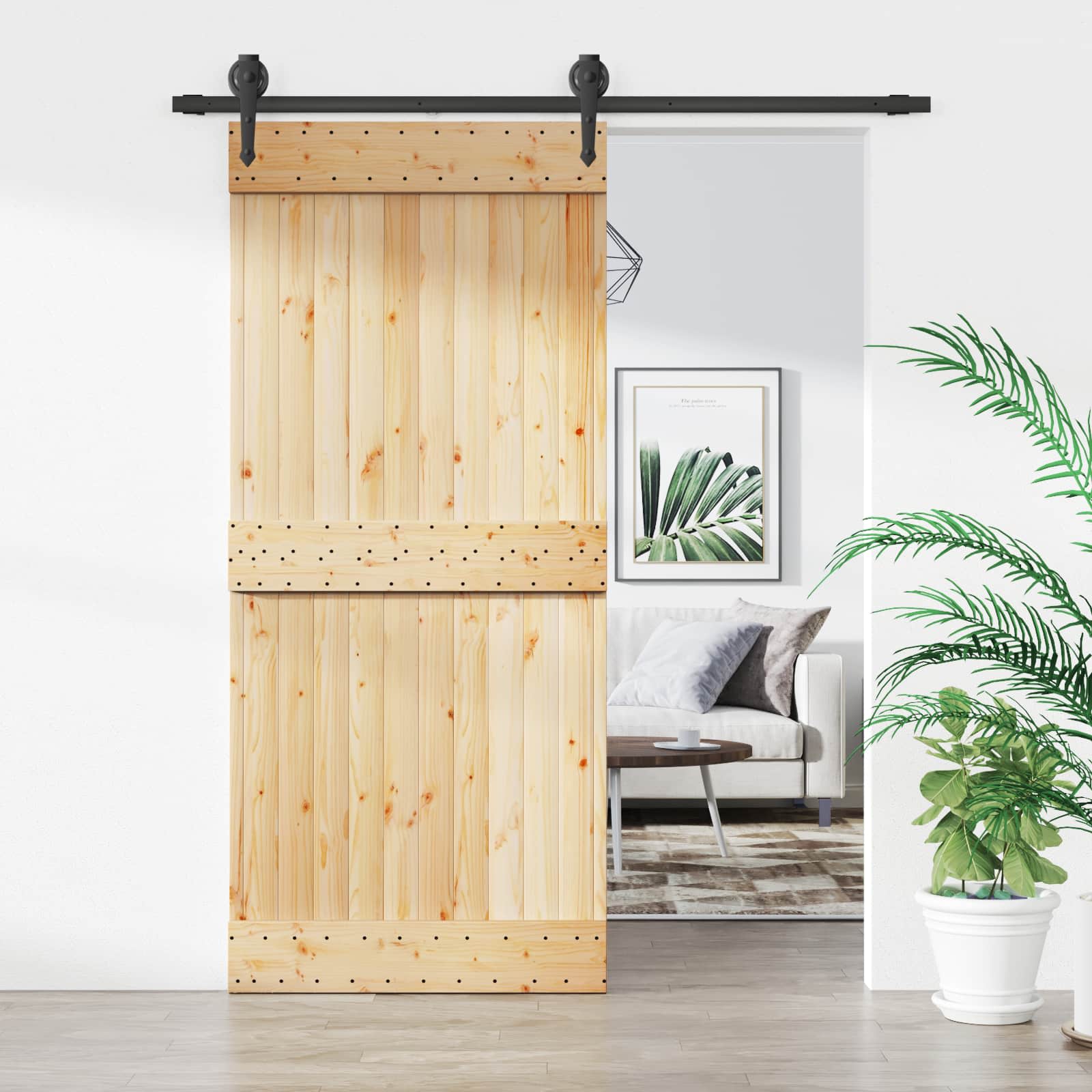 Sliding Door Natural and Black 90 x 210 cm Solid Pine Wood