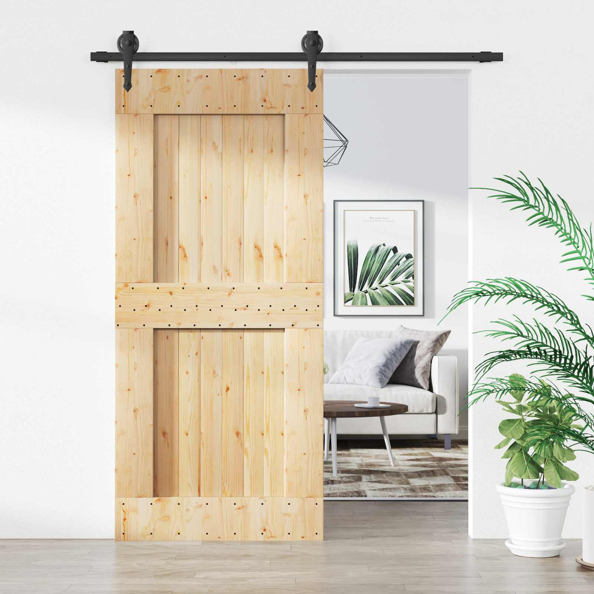 Sliding Door Natural and Black 90 x 210 cm Solid Pine Wood