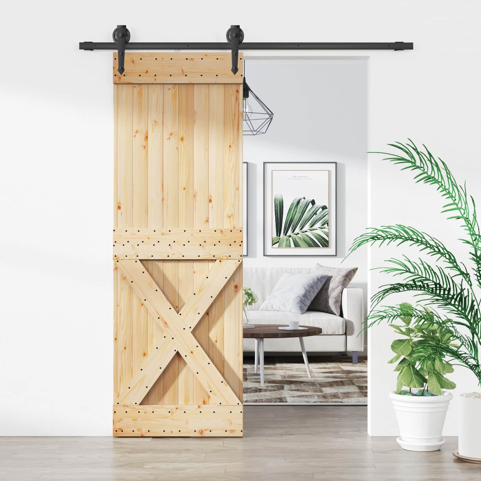 Sliding Door Natural and Black 70 x 210 cm Solid Pine Wood