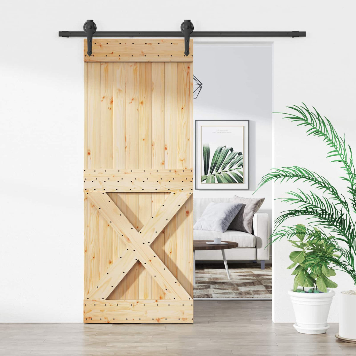 Sliding Door Natural and Black 80 x 210 cm Solid Pine Wood