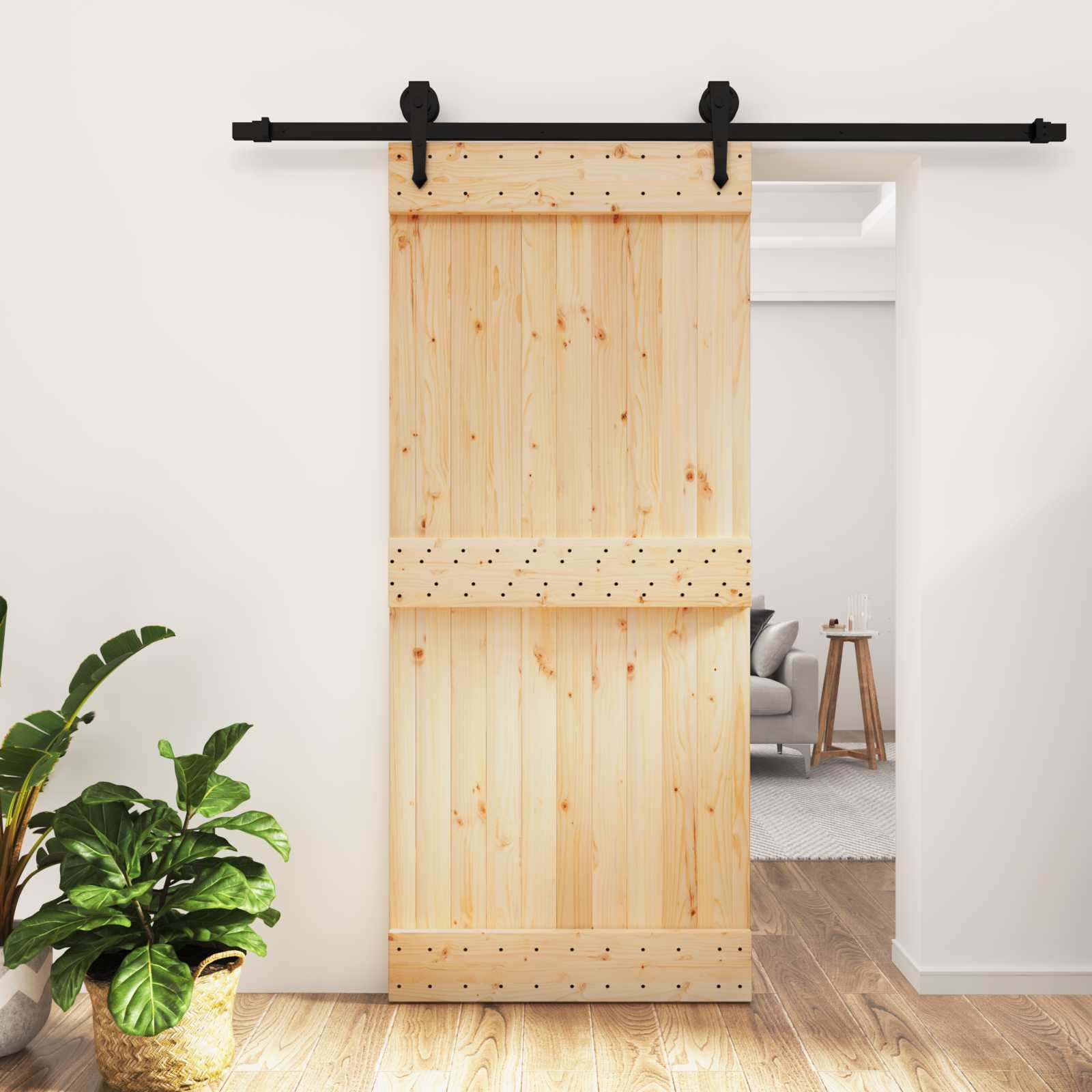 Sliding Door Natural and Black 90 x 210 cm Solid Pine Wood