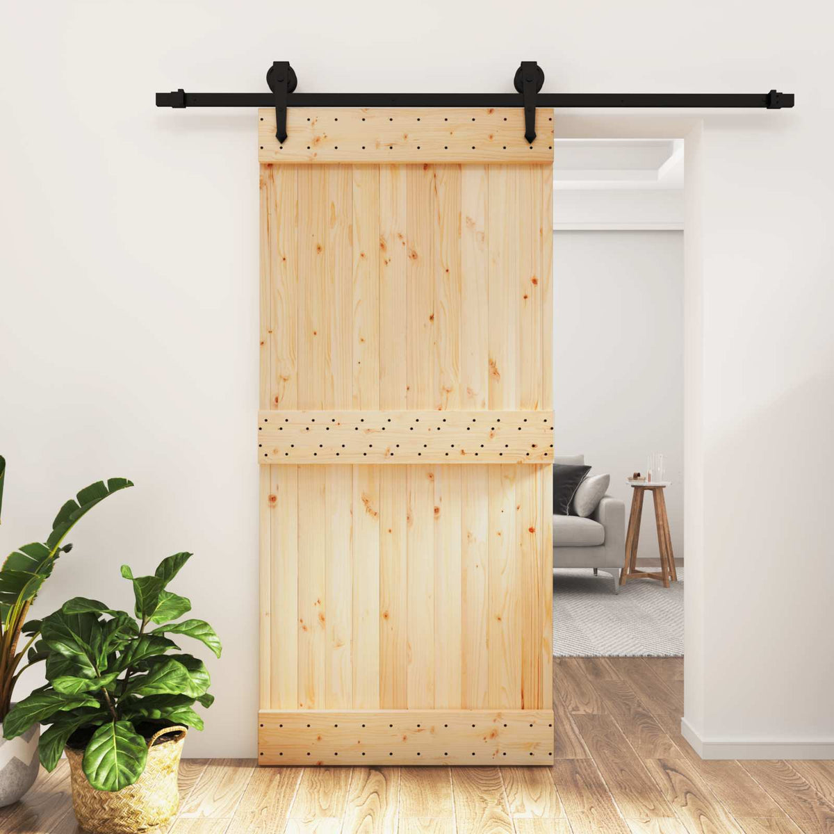 Sliding Door Natural and Black 95 x 210 cm Solid Pine Wood