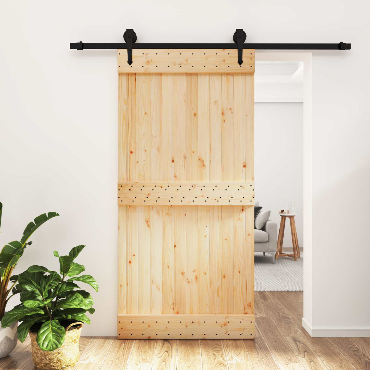 Sliding Door Natural and Black 100 x 210 cm Solid Pine Wood