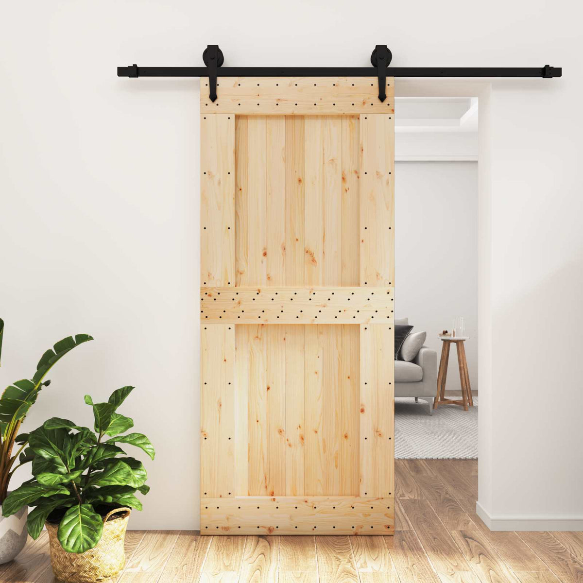 Sliding Door Natural and Black 90 x 210 cm Solid Pine Wood