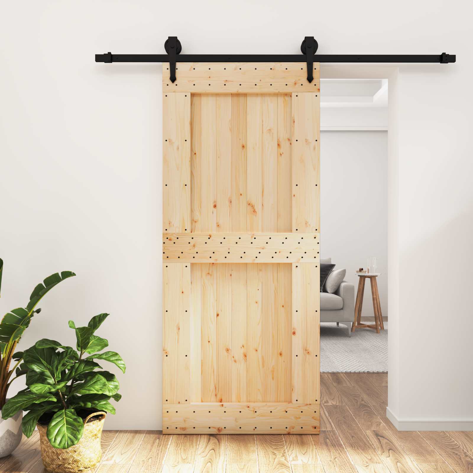 Sliding Door Natural and Black 90 x 210 cm Solid Pine Wood
