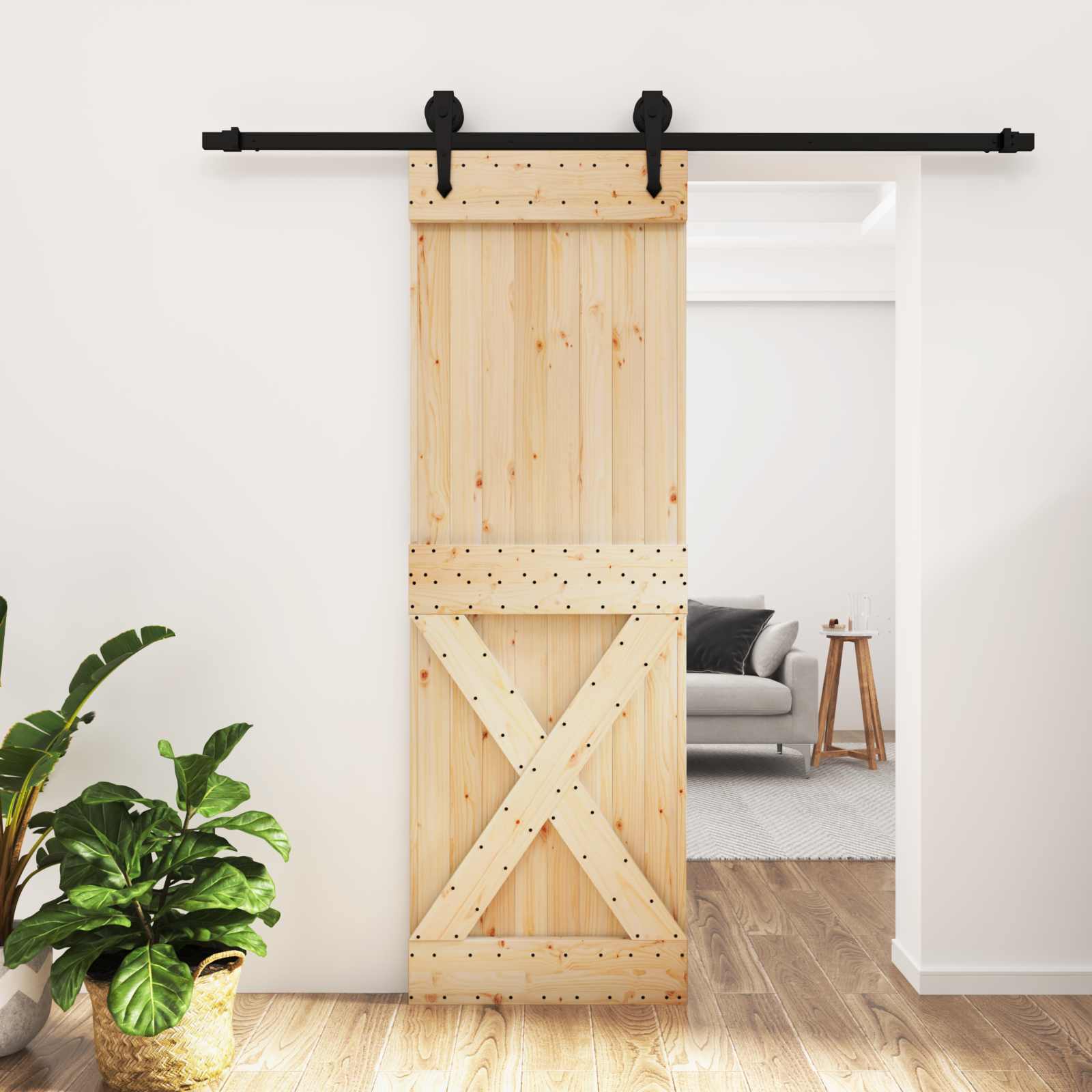 Sliding Door Natural and Black 70 x 210 cm Solid Pine Wood