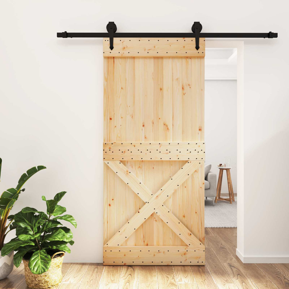 Sliding Door Natural and Black 95 x 210 cm Solid Pine Wood