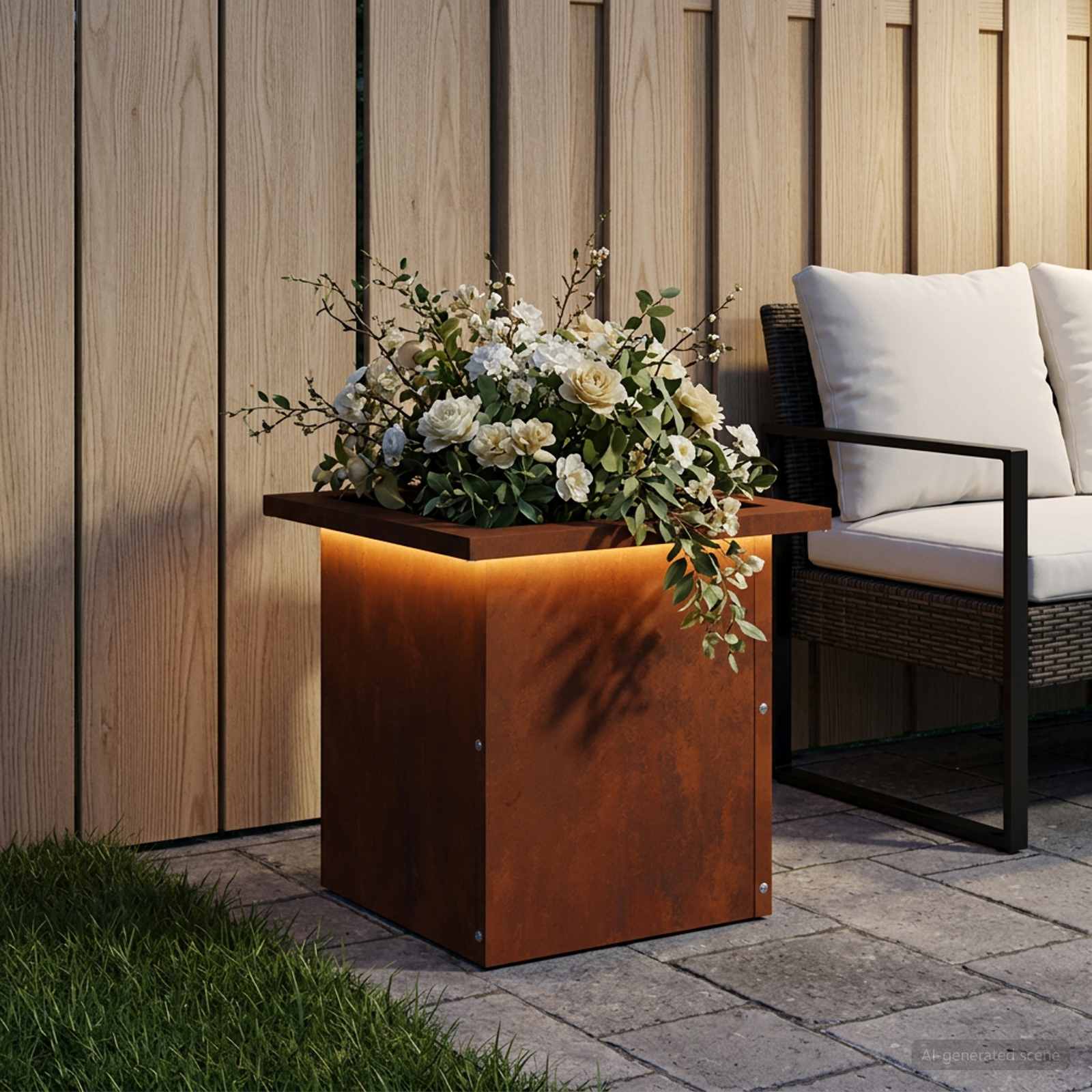 Garden Planter with LED Rusty 30 x 30 x 30 cm Weathering Steel