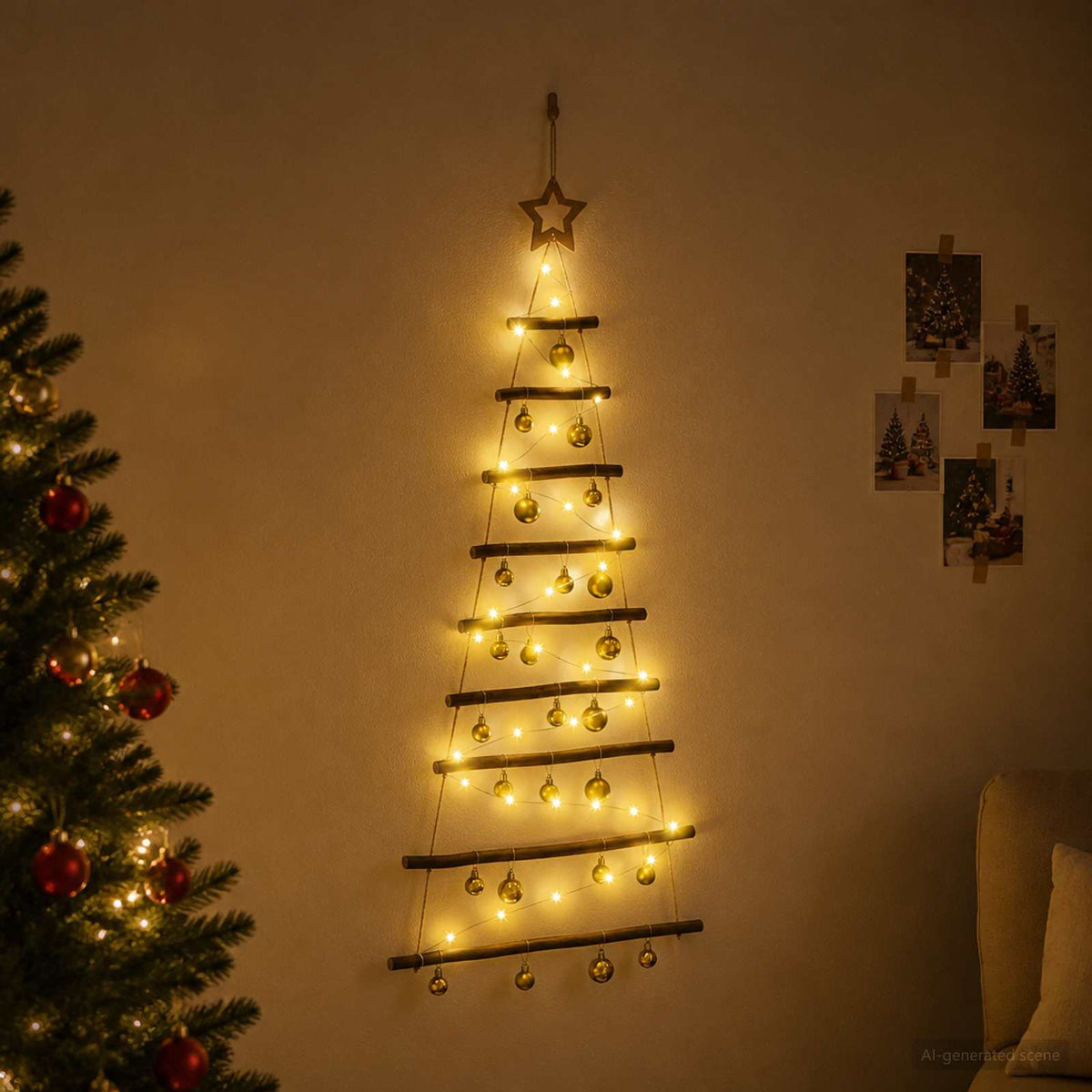 Hanging Christmas tree with baubles 120 cm 50 LEDs Warm White