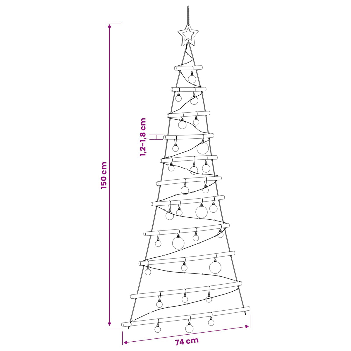 Hanging Christmas tree with baubles 150 cm 80 LEDs Warm White