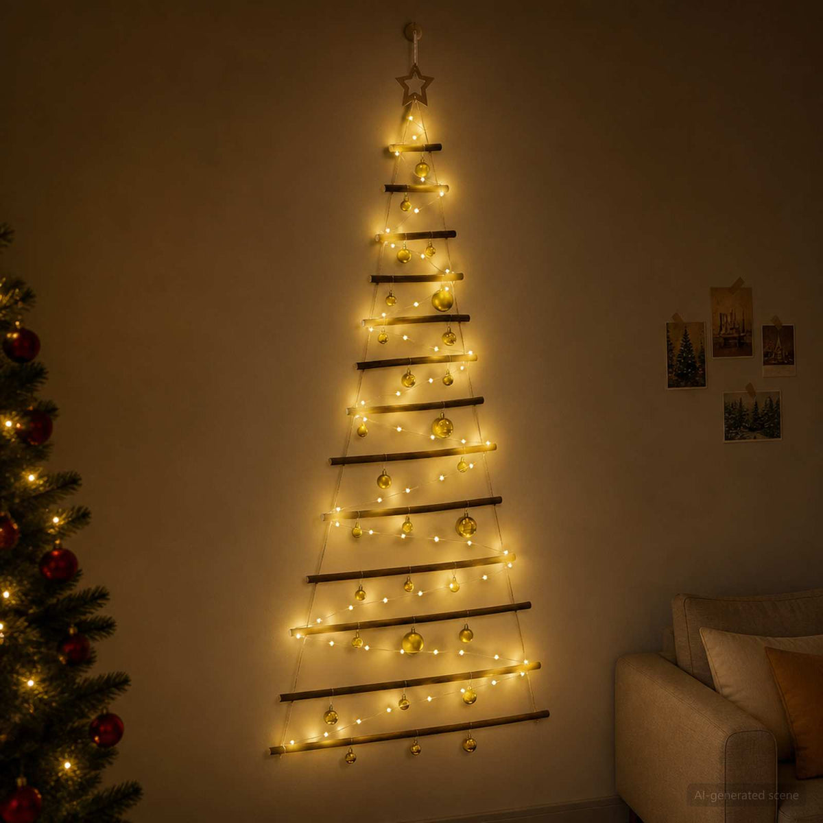 Hanging Christmas tree with baubles 180 cm 100 LEDs Warm White