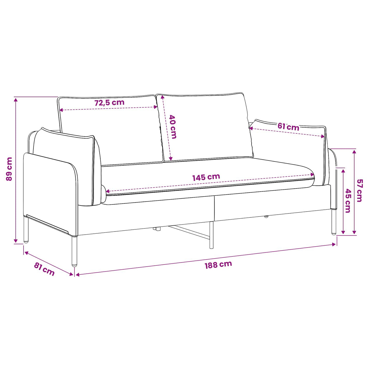 2-Seater Sofa Dark Grey 188 x 81 x 89 cm Fabric