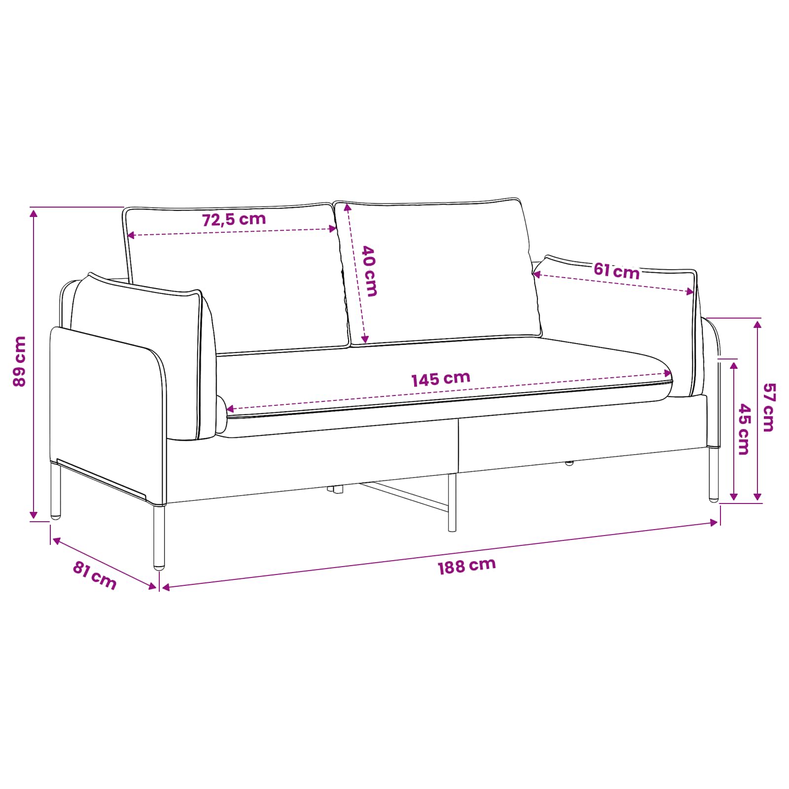 2-Seater Sofa Dark Grey 188 x 81 x 89 cm Fabric