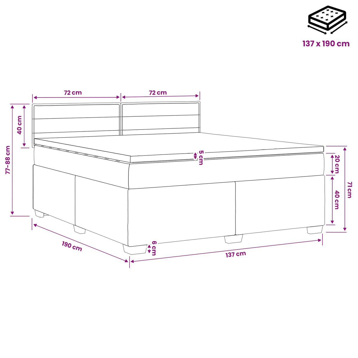 Box Spring Bed with Mattress Dark Grey 137 x 190 cm Fabric
