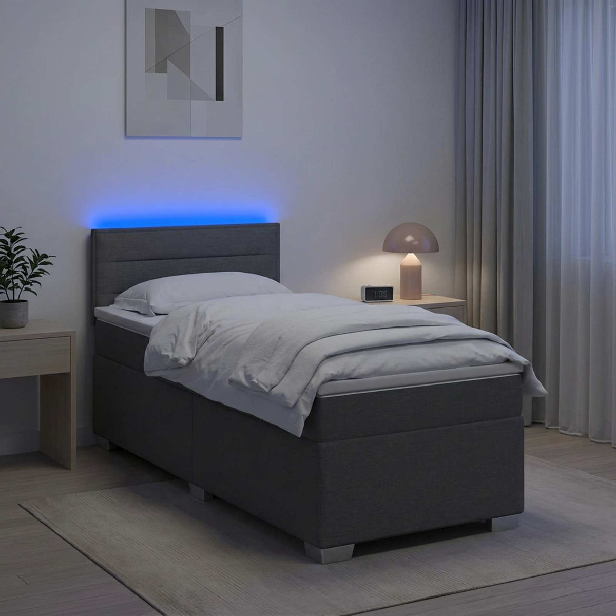 Box Spring Bed with Mattress and LED Dark Grey King Single