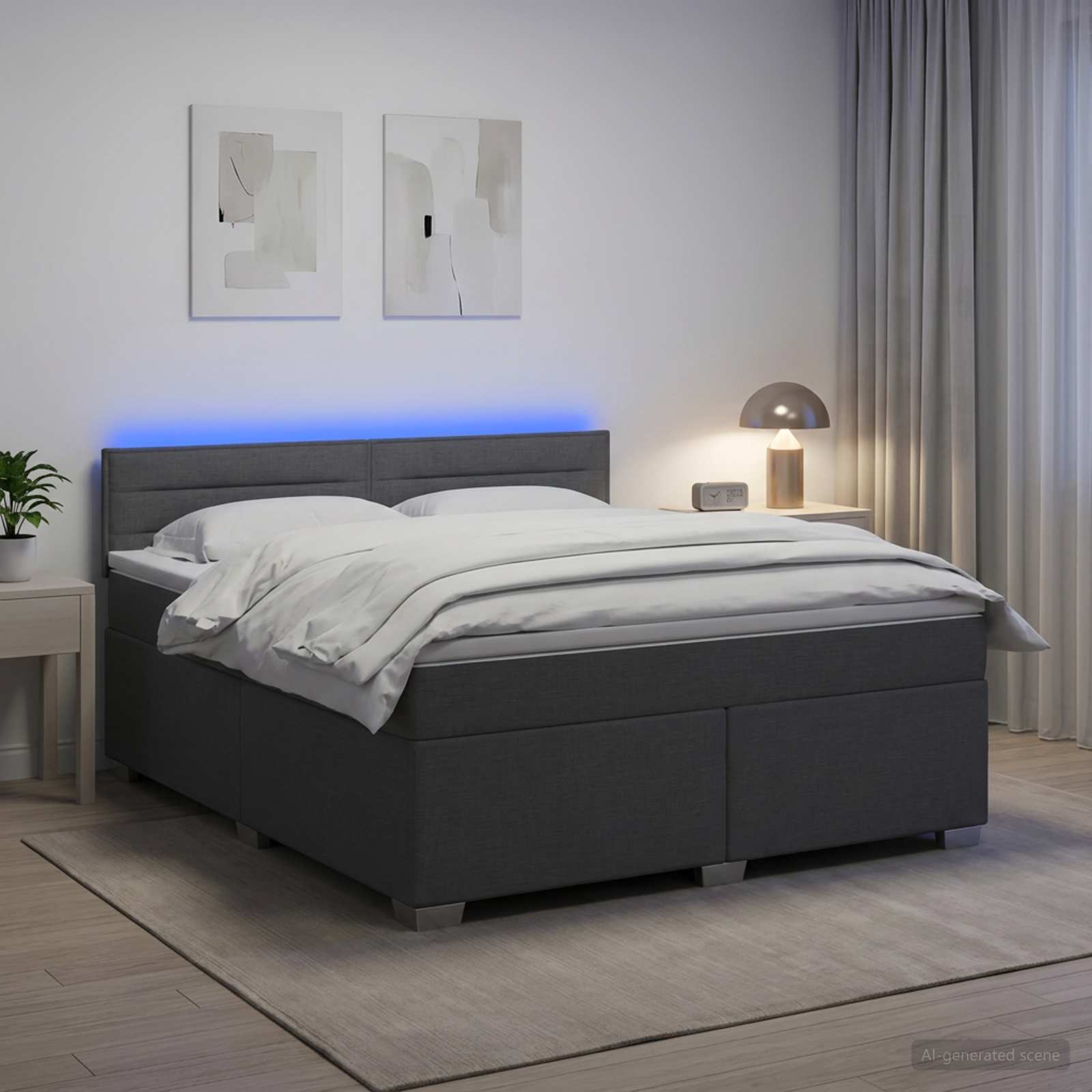 Box Spring Bed with Mattress and LED Dark Grey Queen Size AU