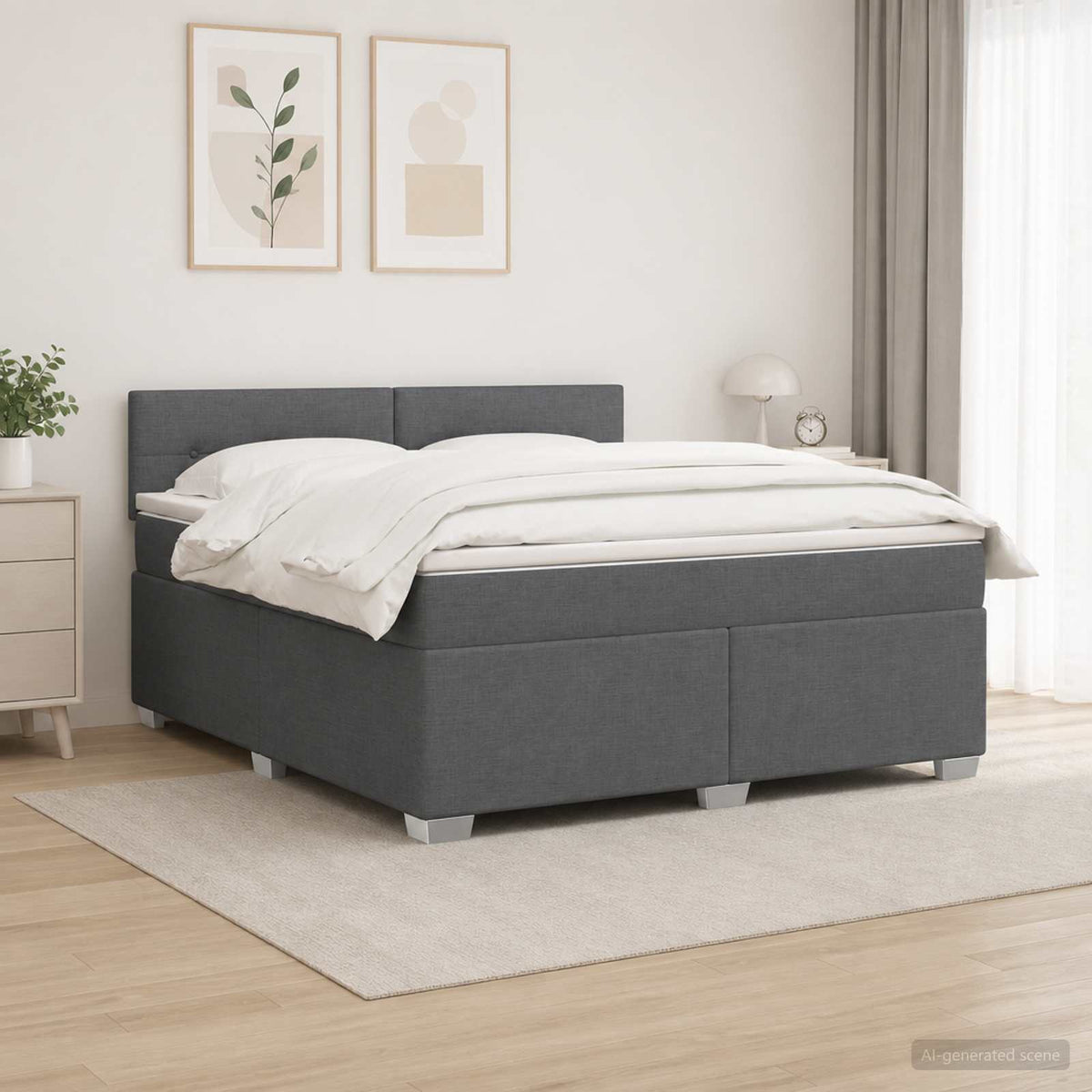 Box Spring Bed with Mattress and LED Dark Grey Queen Size AU