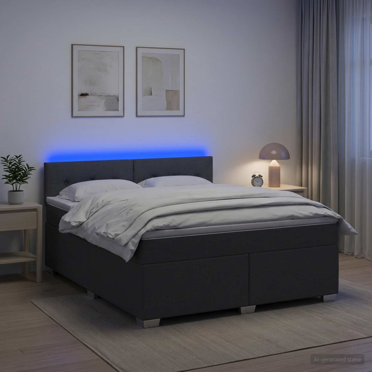 Box Spring Bed with Mattress and LED Dark Grey Queen Size AU