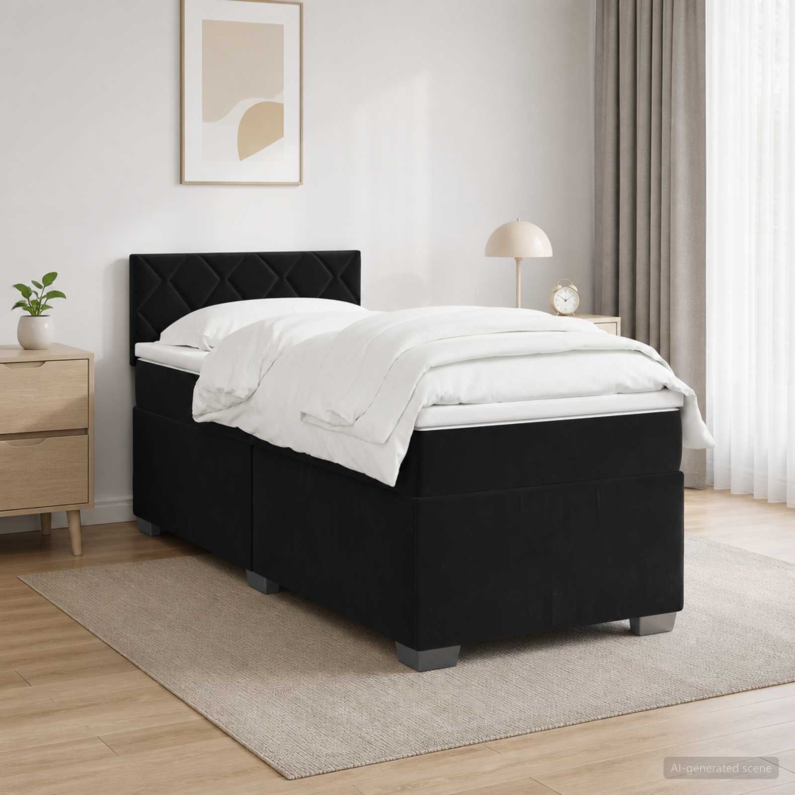 Box Spring Bed with Mattress and LED Black King Single Velvet