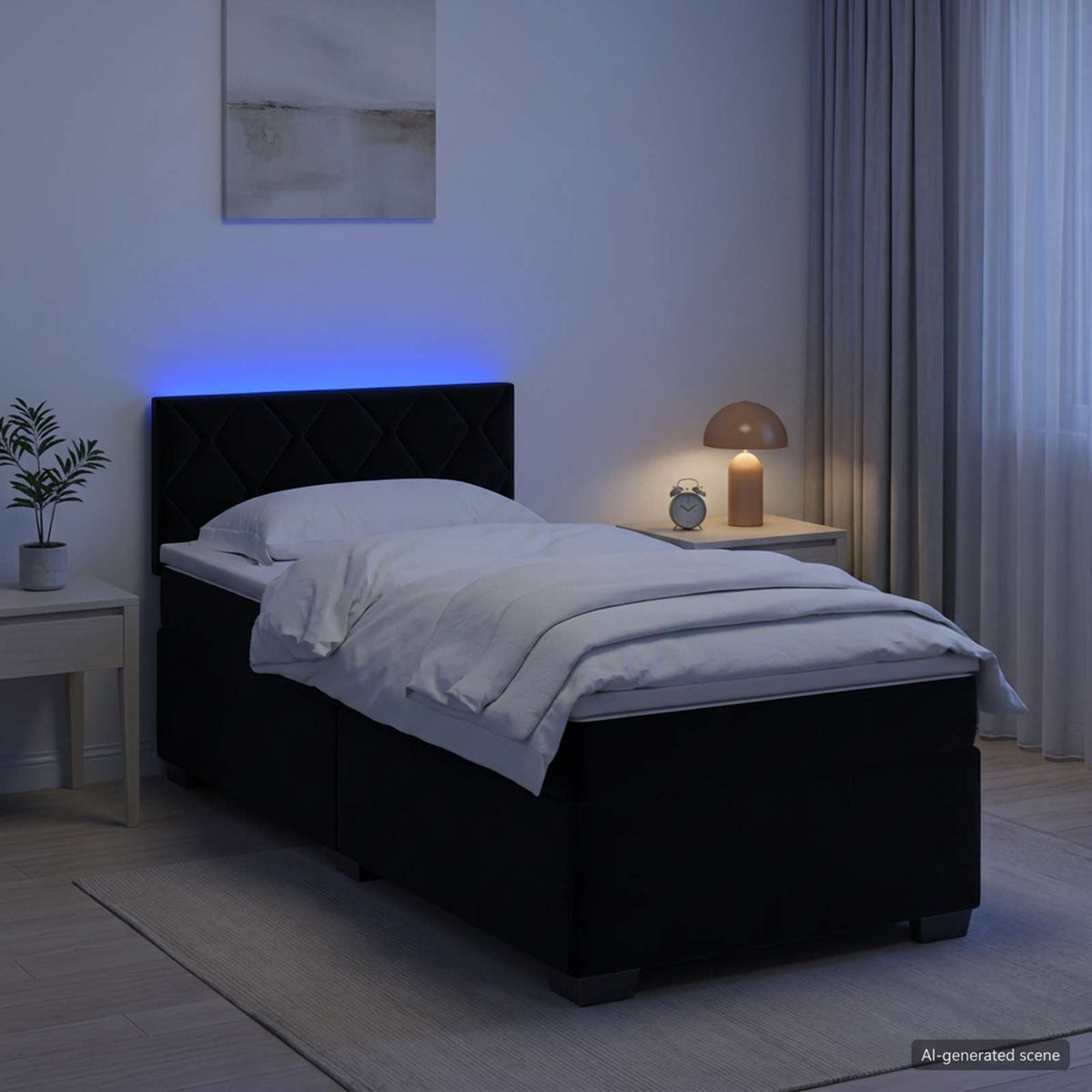Box Spring Bed with Mattress and LED Black King Single Velvet