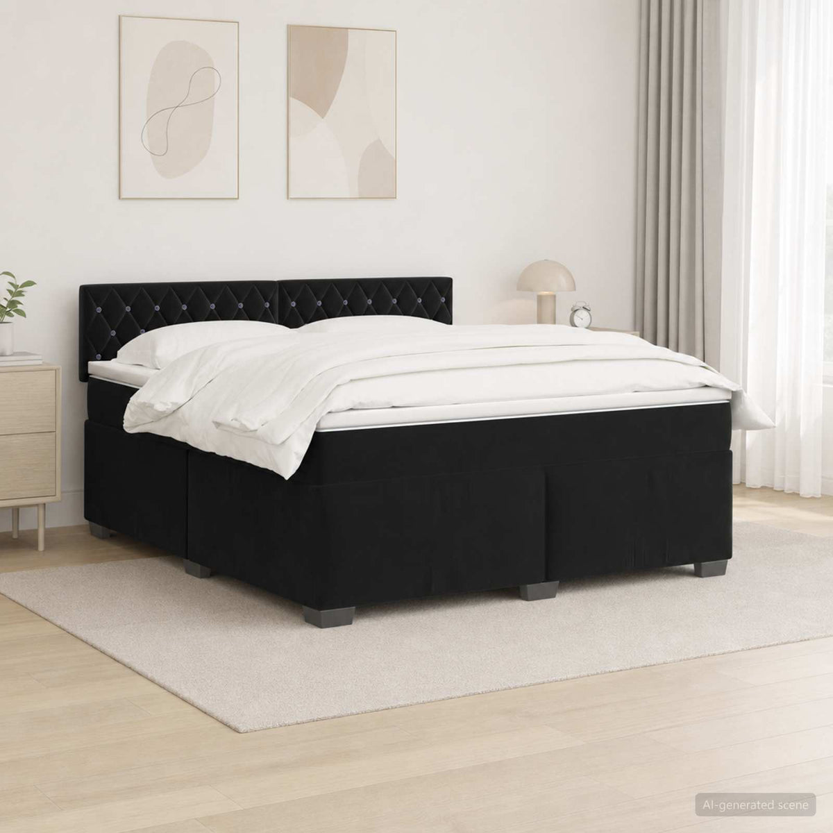 Box Spring Bed with Mattress and LED Black Queen Velvet